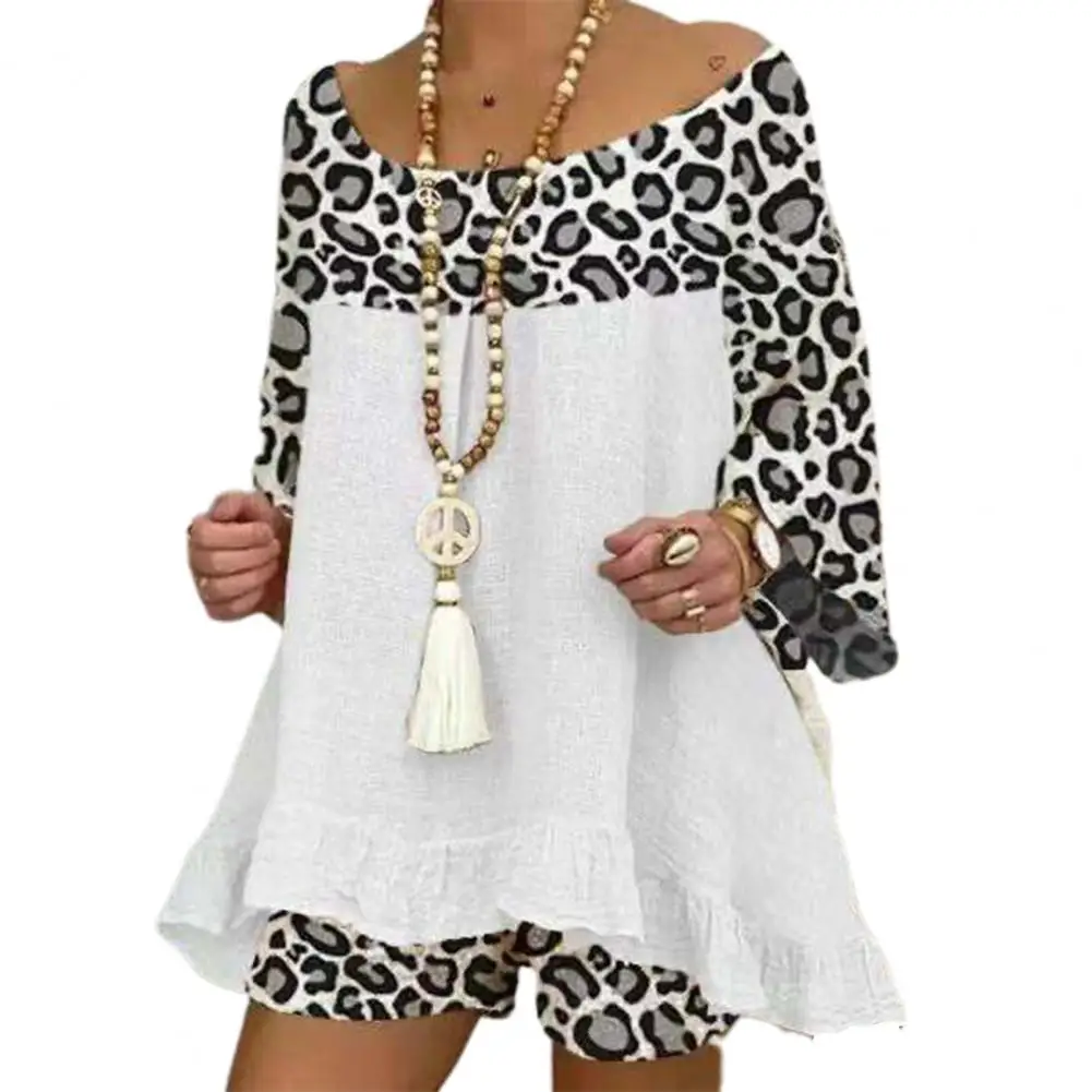Summer Two Pieces Shorts Set Women Outfit Flare Sleeve Leopard Patchwork Slash Neck Plus Size T-shirt Loose Shorts Suits Casual midi skirt co ord