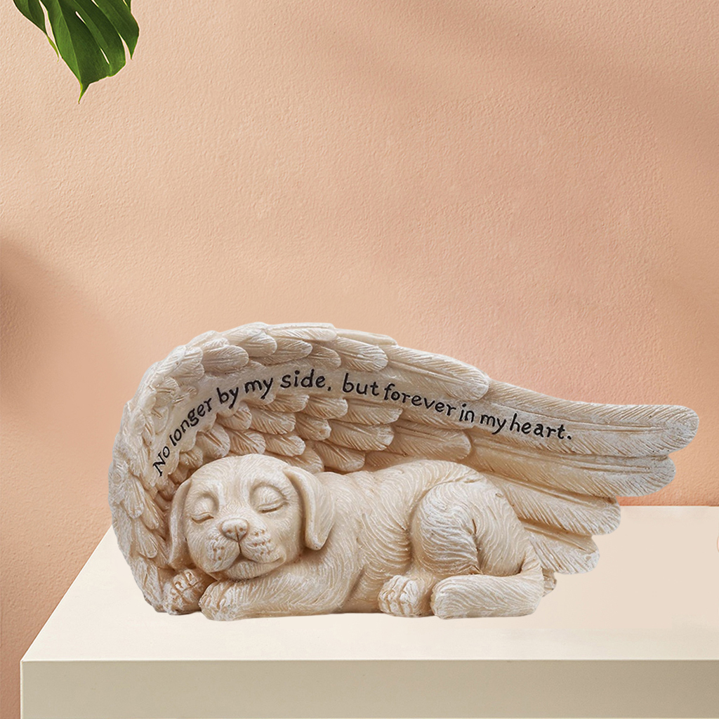 Sleeping Dog in Angel Wing Statue Pet Memorial Sculpture Grave Marker Tribute, Resin Crafts for Home Bedroom Living Room