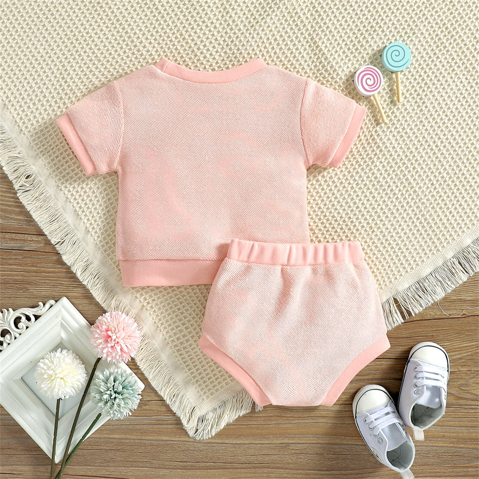 Baby Clothing Set cheap 2022 3-18M Sweet Baby Girl Boy Clothing Set Solid Color Pocket Front Round Neck Short Sleeve+Triangle Shorts Summer Outfits Set Baby Clothing Set