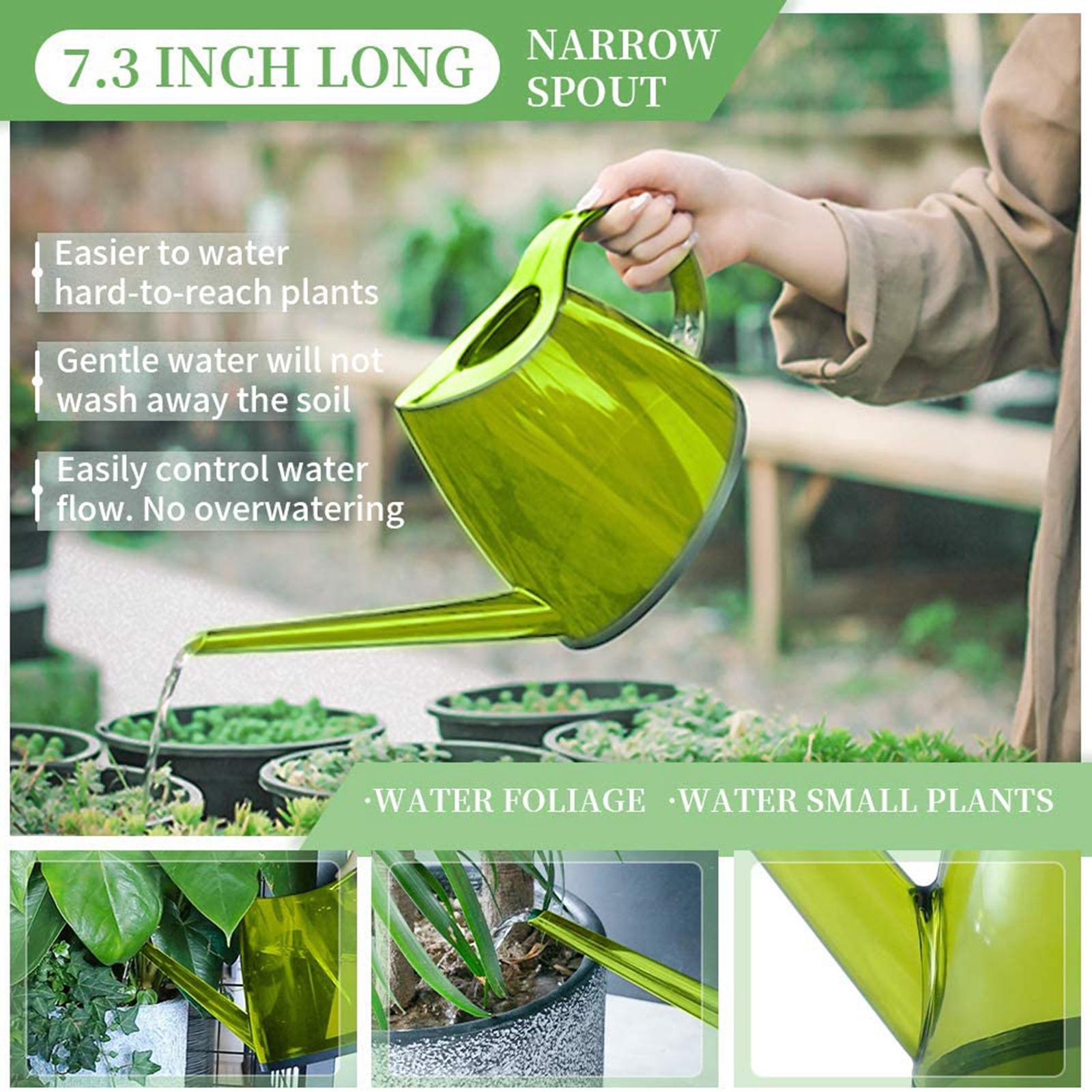 Long Spout Plastic 1.4L Watering Pot Small Modern Green Watering Can for Indoor Outdoor Garden House Bonsai Plants Flower