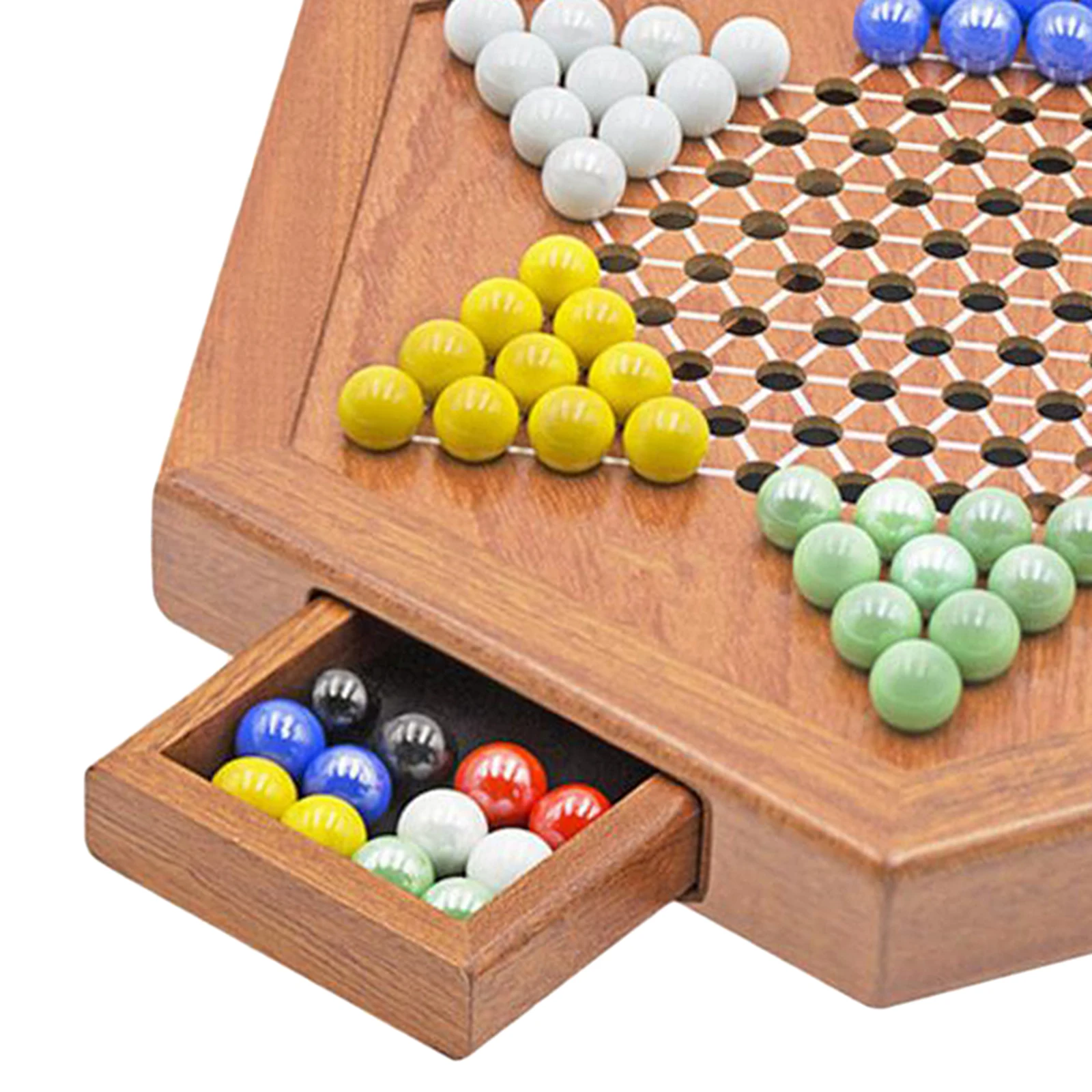Classic Wooden Chinese Checkers 12 Inches with Drawers Halma Board Game Fine Glass Beads Family Multiplayer
