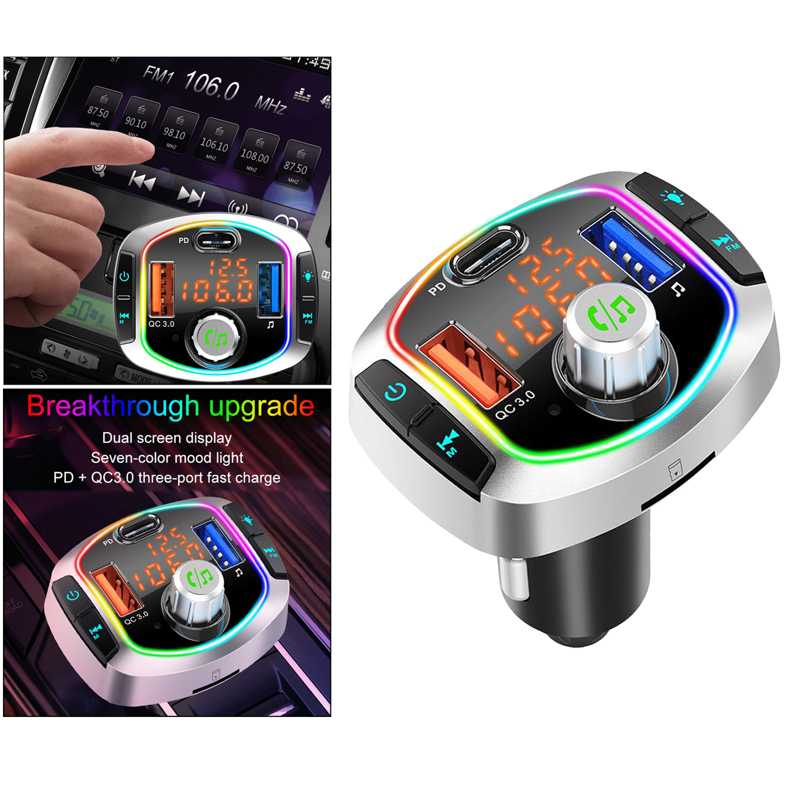 Car Bluetooth V5.0 FM Transmitter PD Fast Charge 6 RGB Color Backlit USB Drive U disk MP3 Player