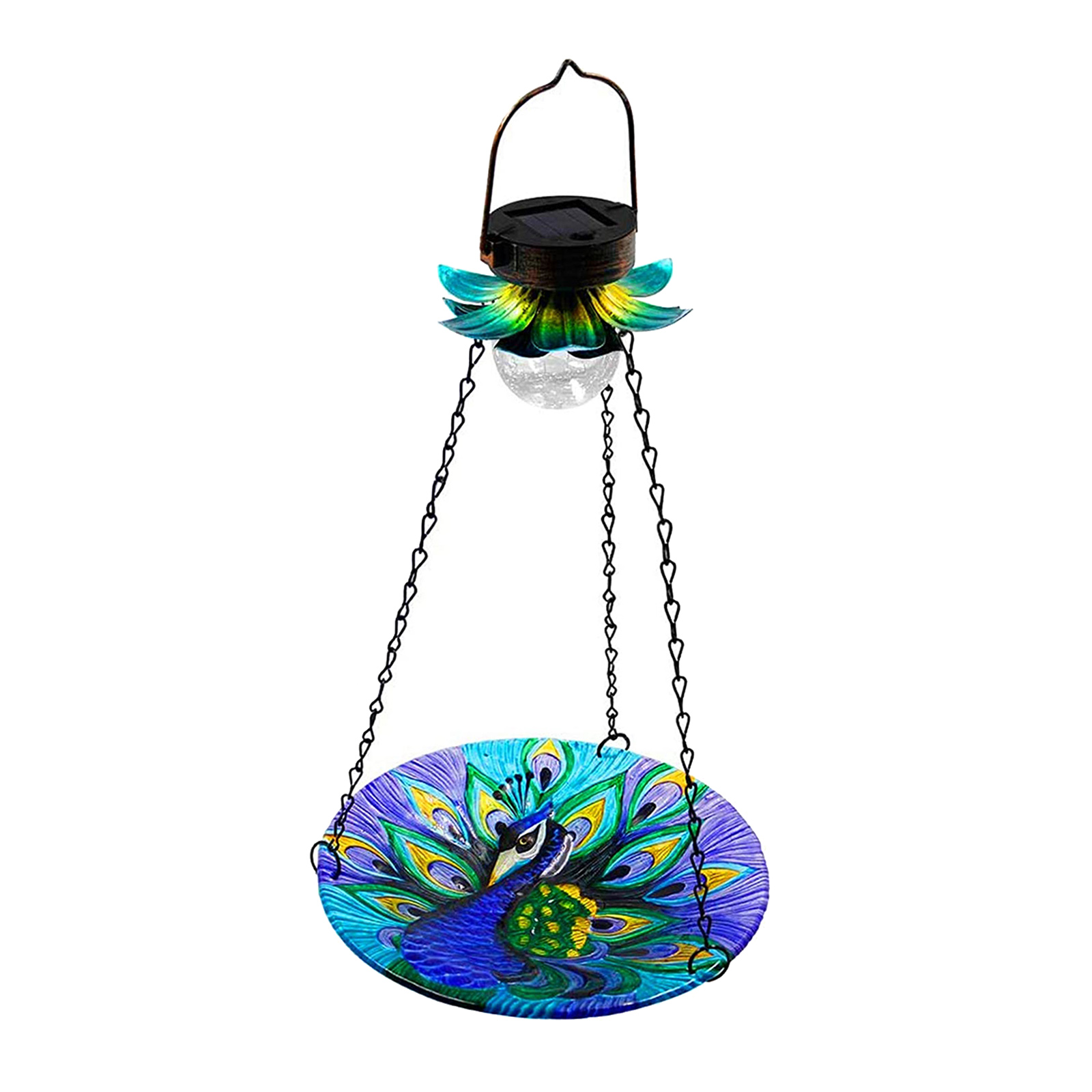 Bird Feeder Solar Stained Glass Landscape Decor Peacock Pattern Bird Bath