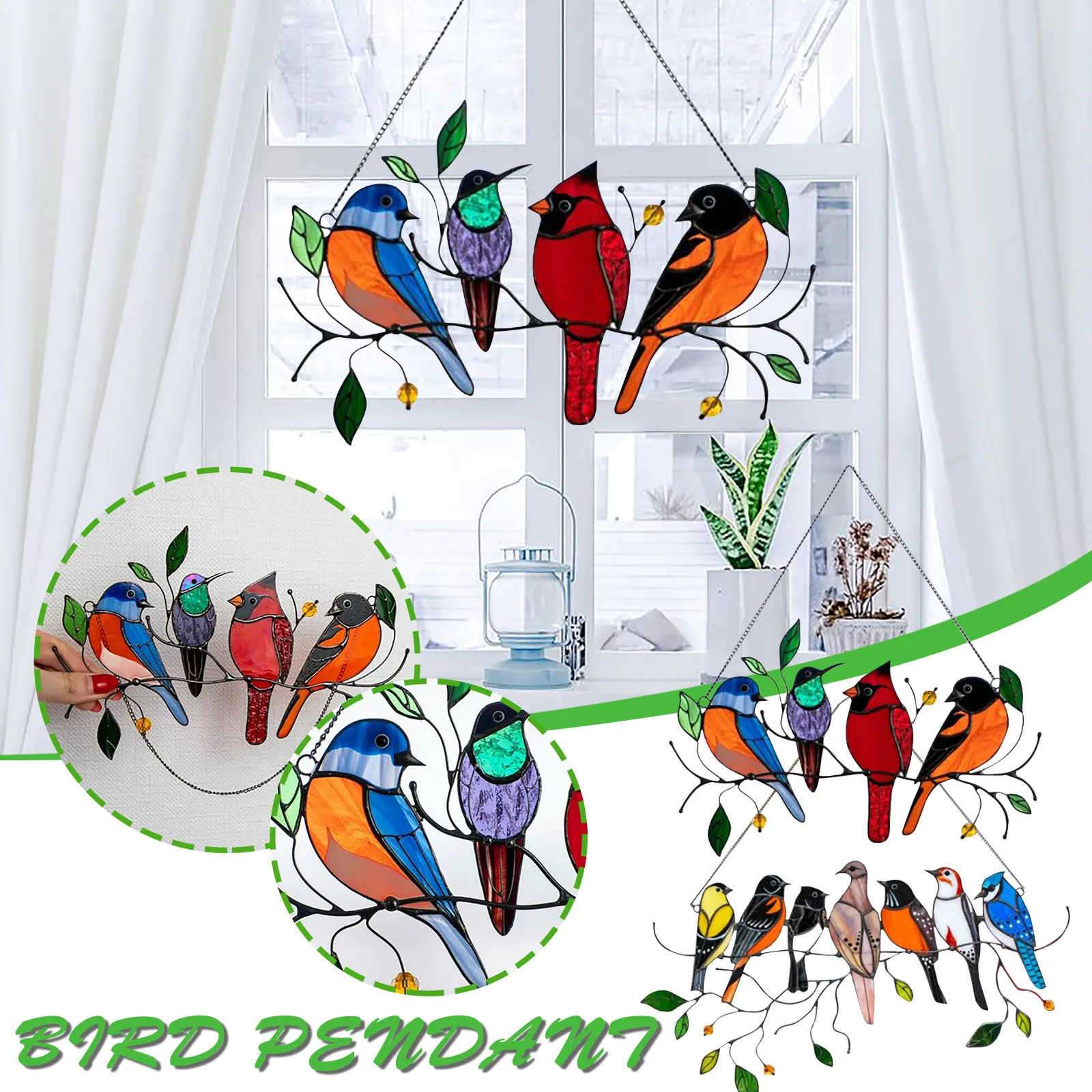 Multicolor Birds on a Wire High-Stained Glass Suncatcher Window Panel Decor Home 