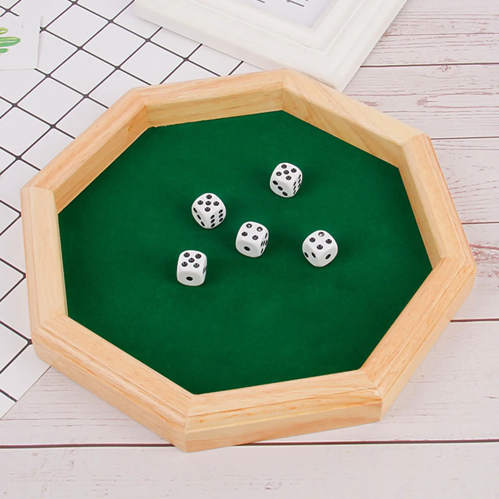 Heavy Duty 12 Inch Octagonal Wooden Dice Tray with Felt Lined Rolling Surface, Wooden Dice Rolling Tray for Family Game Night
