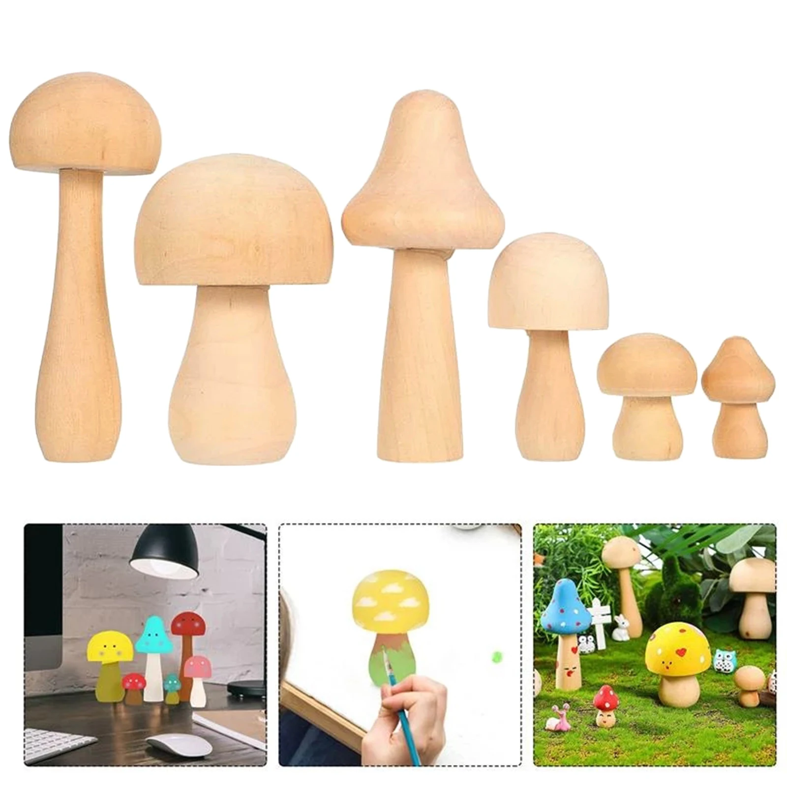 Set of 6 Unfinished Wooden Mushroom Unpainted Peg Dolls Toys Arts DIY Painting Landscape Planter Decor