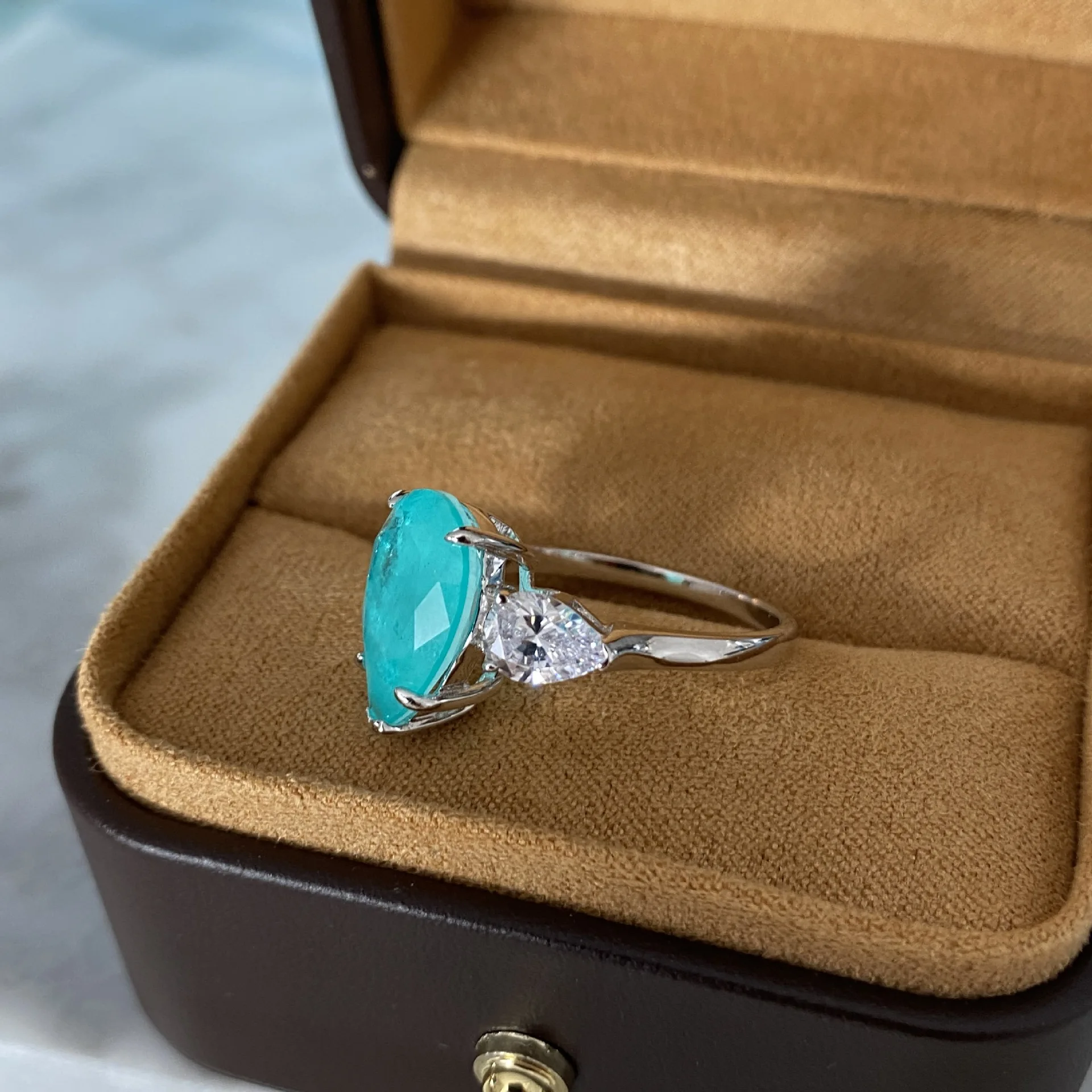 Paraiba Tourmaline Pear Cut Gemstone 925 Sterling Silver Simple Engagement Ring