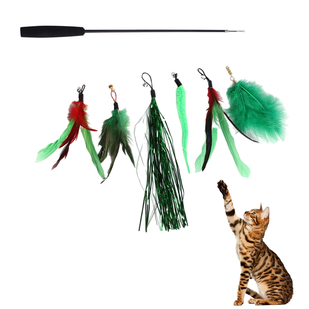 Interactive Cat Teaser Wand Kitten Stick with 6 Piece Play Attachments Toy