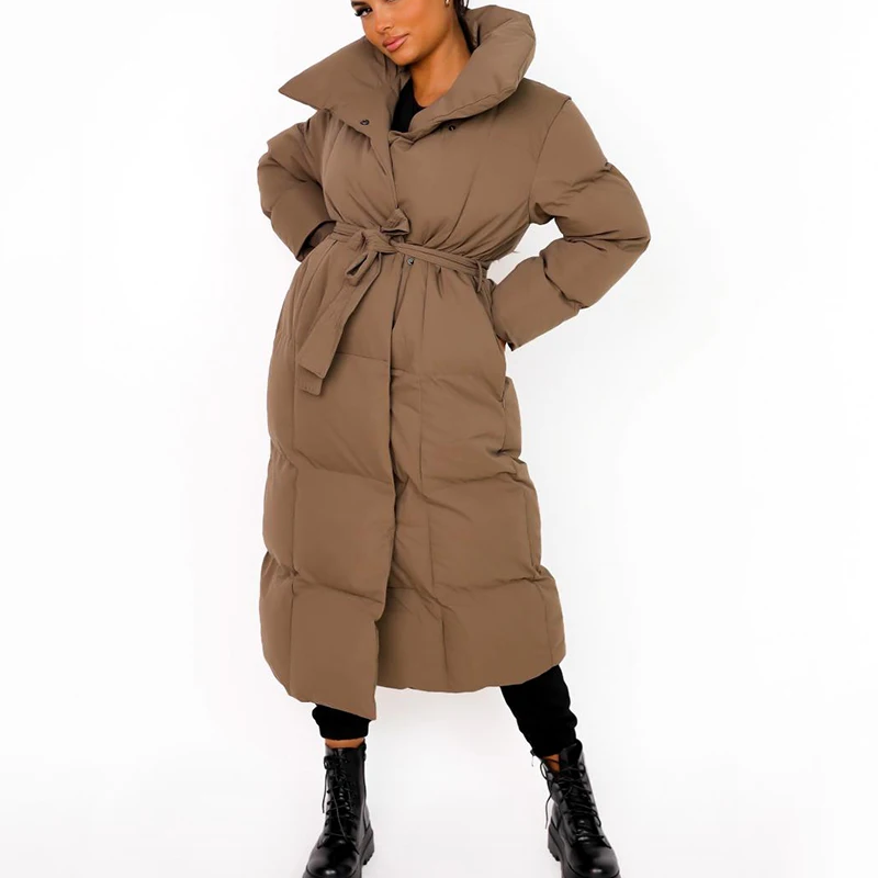 down puffer coat Malina Thick Loose Parkas Women Fashion Solid Covered Button Coats Women Elegant Tie Belt Long Cotton Jackets Female Ladies long down coat