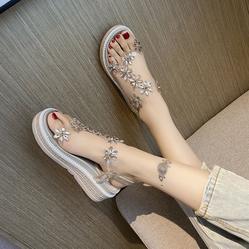 Ladies Platform Sandals White Beige Black Wedge High Heels Summer Shoes Rhinestone Flower Ins Fashion Design 2021 Comfortable Ladies Platform Sandals White Beige Black Wedge High Heels Summer Shoes Rhinestone Flower Ins Fashion Design 2021 Comfortable