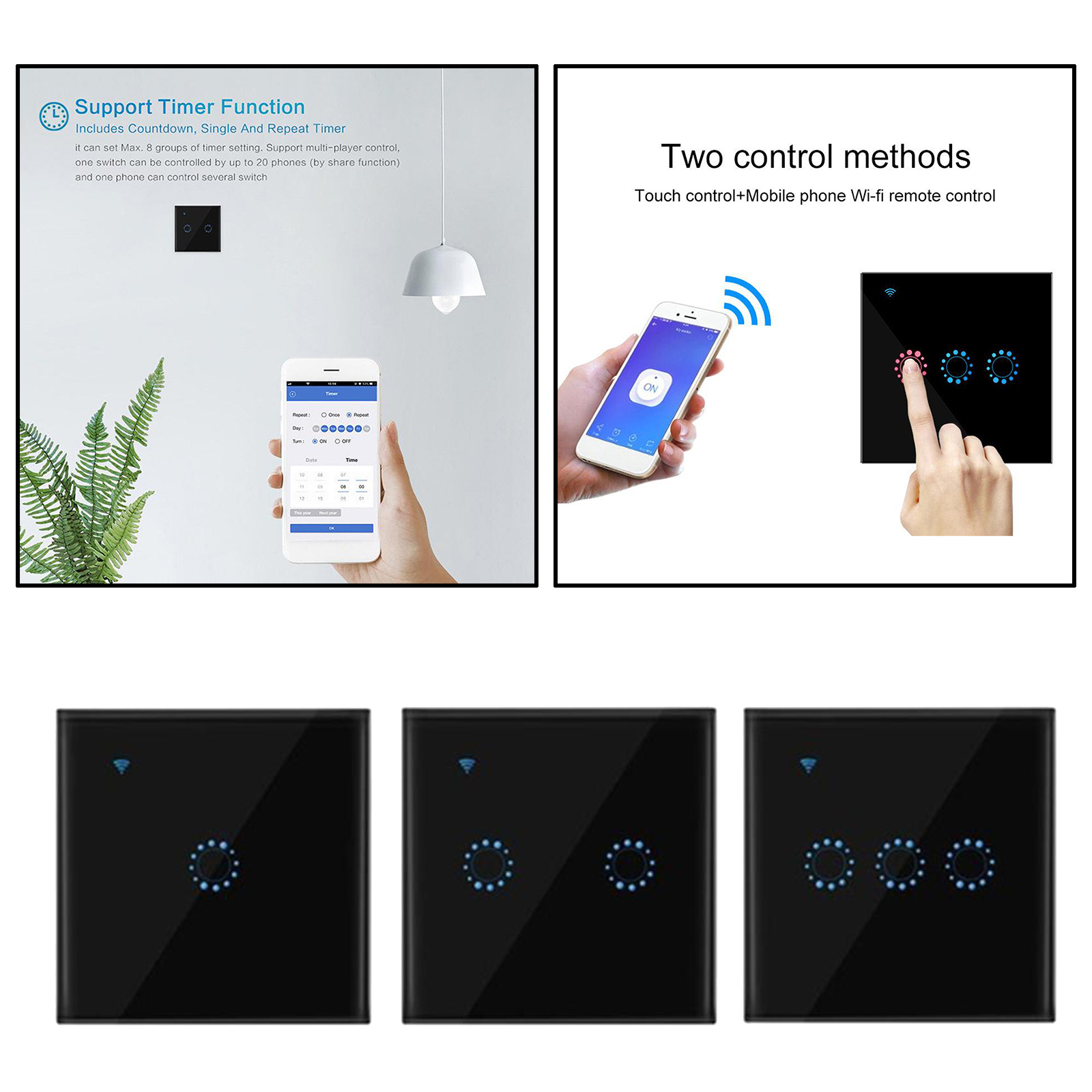 Black WiFi Smart Wall Touch Light Switch Glass Panel APP Provides Control from