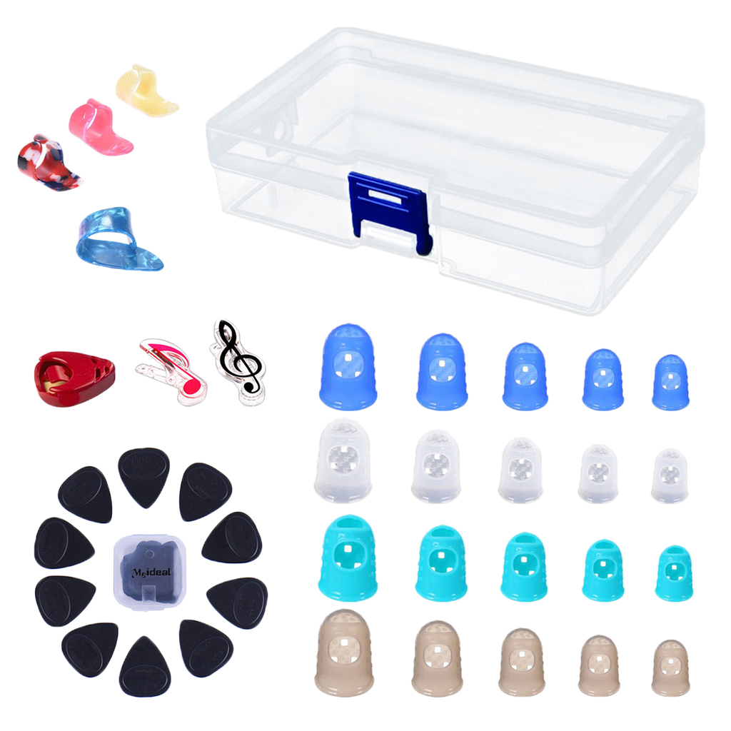 Durable 1 Set Guitar Bass Accessory, Silicone Fingertip+Picks+Page Clips+Picks Holder+ Box
