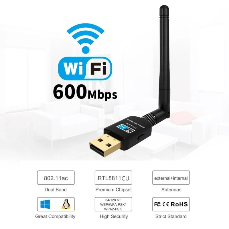 USB WiFi Adapter AC600Mbps 2.4GHz & 5.8GHz Wireless 2dBi External Antennas CE BE 
