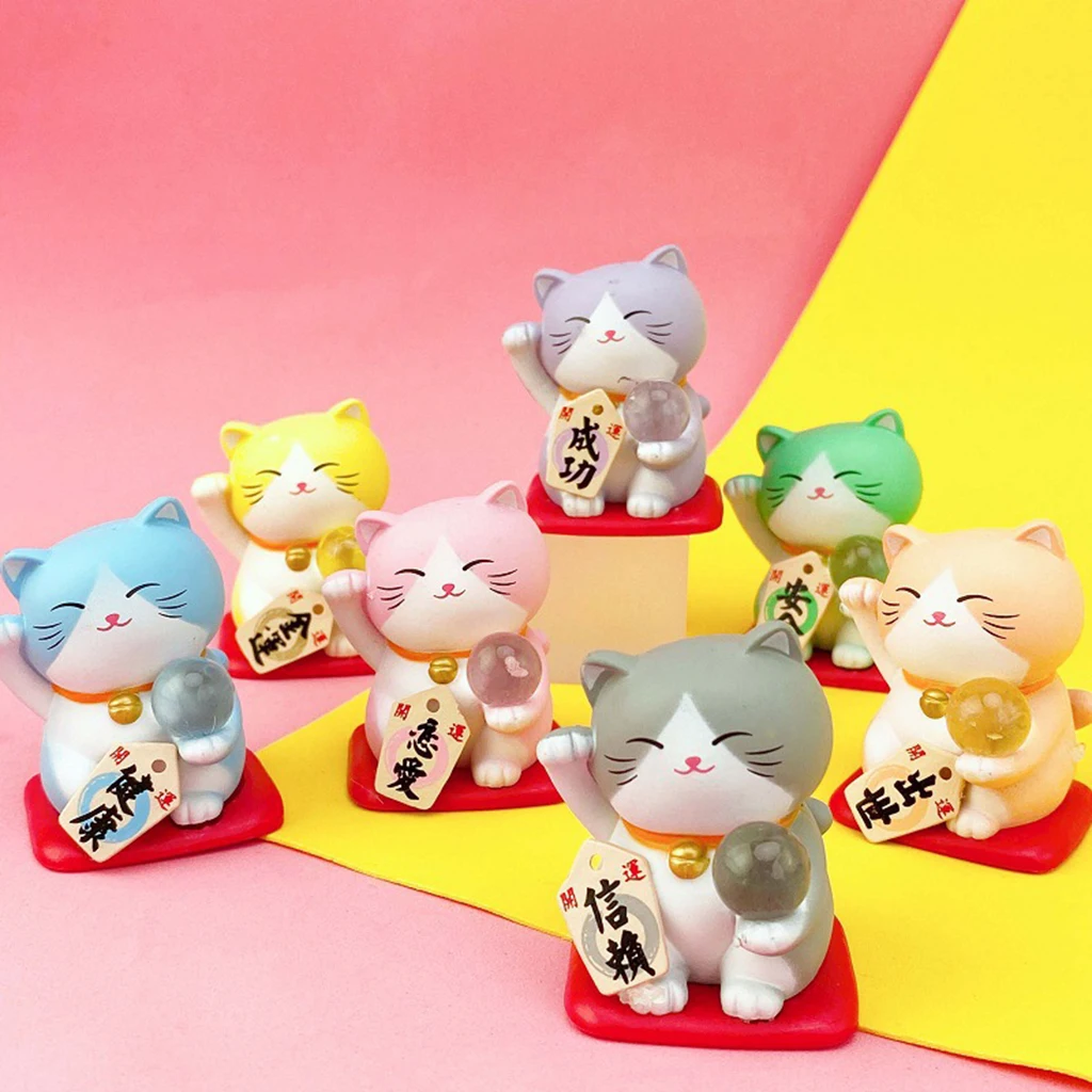 7pcs/Set Cat Figurine Ornament, Lucky Cat Feng Shui Decoration Car Decor Cake Topper Ornament, Shelf Sitter Statue Gift