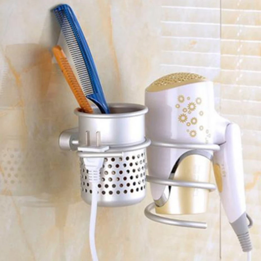 Hair Dryer Blow Stand Holder Wall Mounted Shelf Rack Bracket Hair Drier Organizer with Comb Flat Iron Straightener Storage Cup