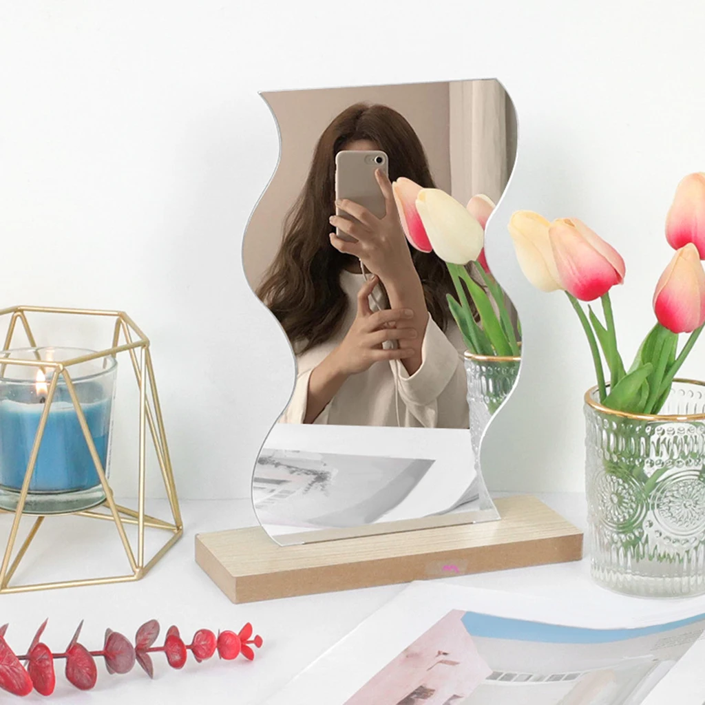 Irregular Acrylic Makeup Mirror Vanity Mirror Wooden Base for Living Room Frameless Mirror Vanity Mirror Cosmetic Bedroom Decor