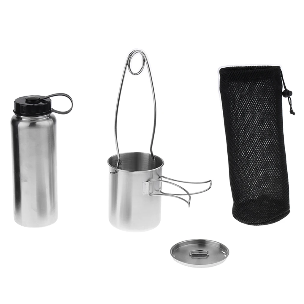 Outdoor Camping Water Bottle 1L Stainless Steel +750ml Foldable Coffee/Tea Cup