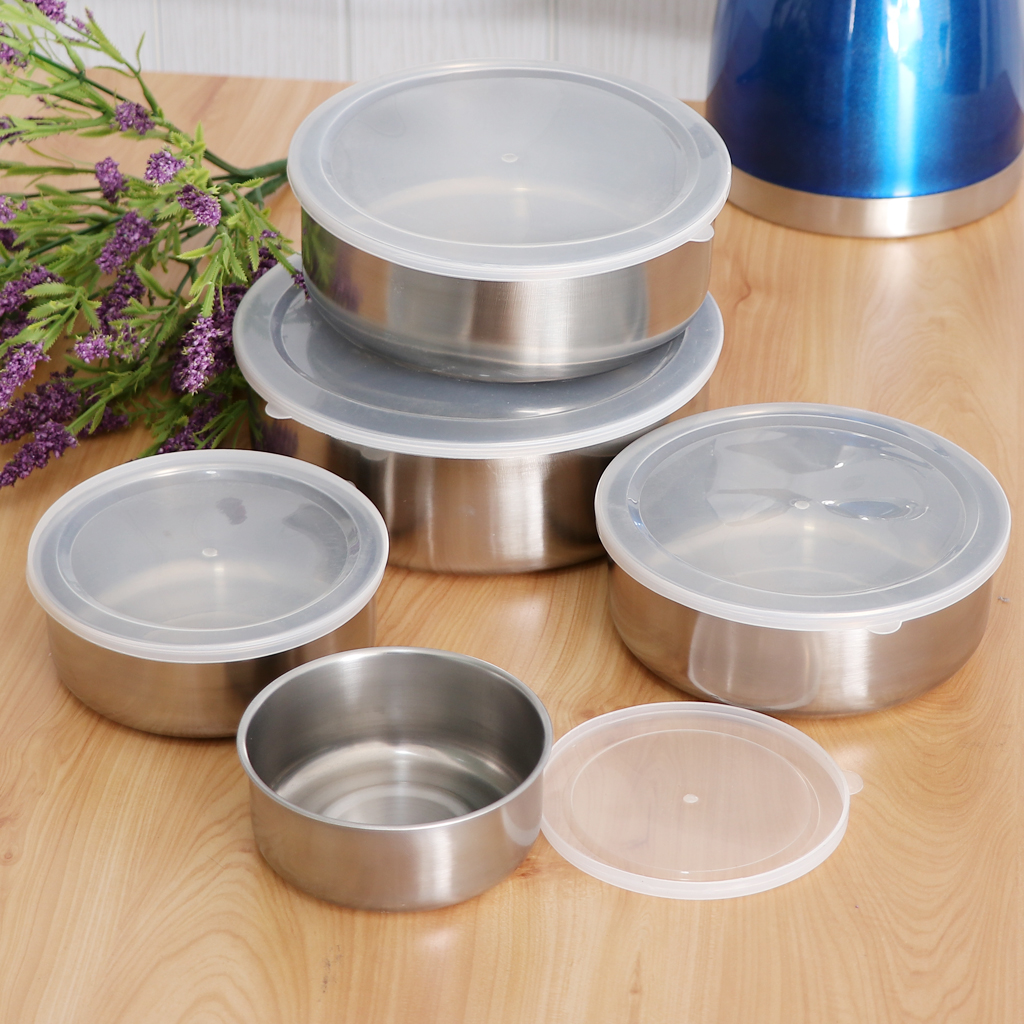 5Pcs Stainless Steel Mixing Bowls Set with Lids for Food Fruit Vedetable Containers Sweet Ice Cream Storaging Supplies