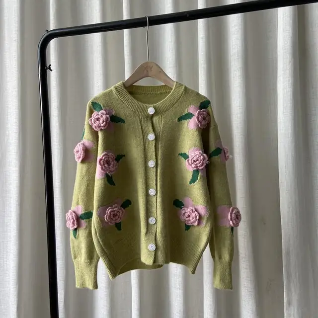 Sweet 3D Flower Loose Cardigan for Women Autumn Winter Cute Floral Sweater  Jacket Streetwear Long Sleeve