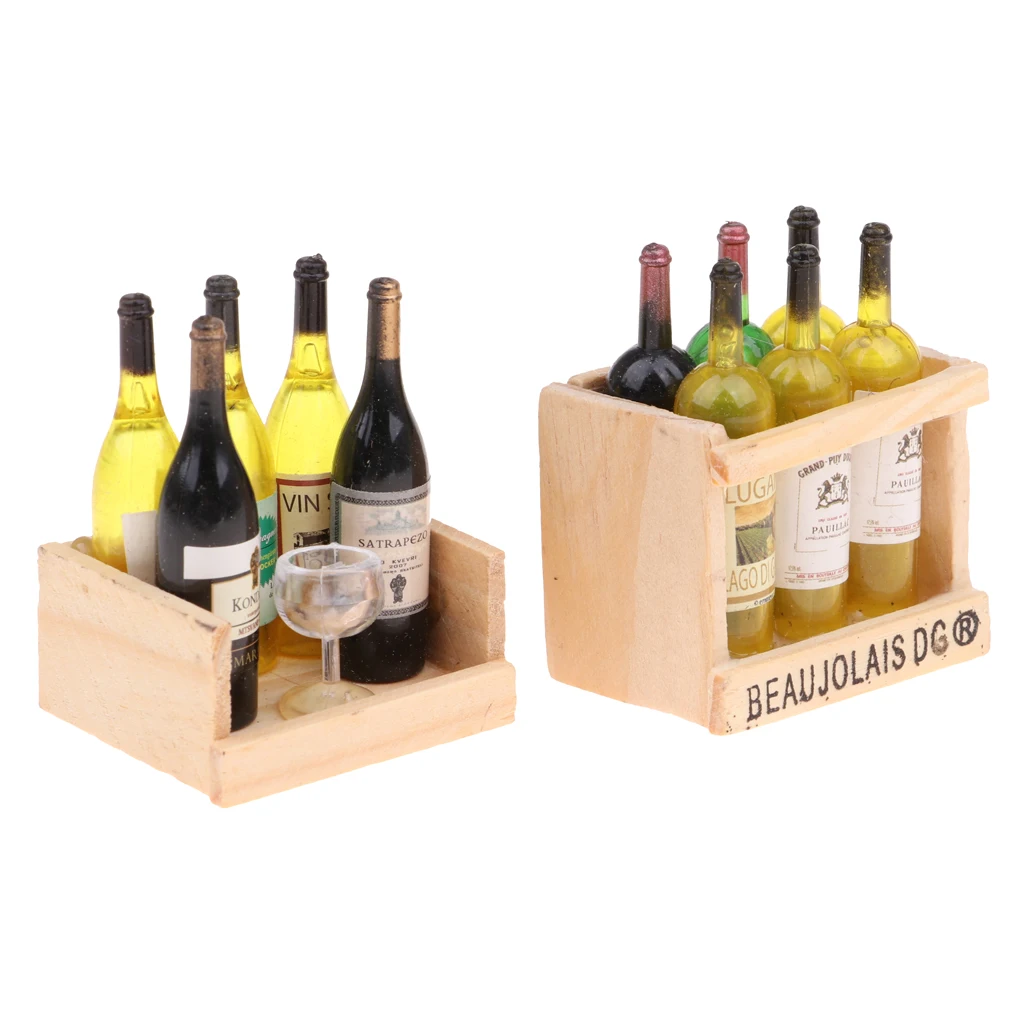 Miniature Wine Juice Bottles Cup Wood Rack 1:12 Dollhouse Drink Model 2 Sets