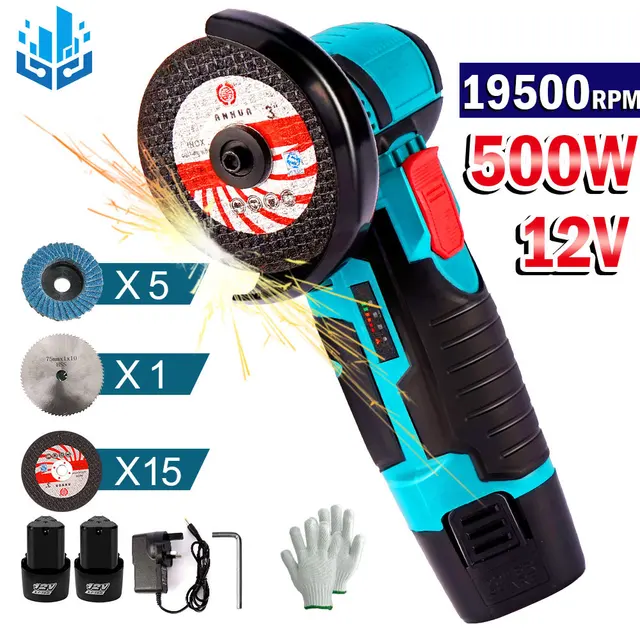 Weytoll Mini Angle Grinder, 19500rpm Electric Grinding Tool Mini Grinder  Handheld Cutter,with 1pcs 12V 3900mAh Battery & 2pcs Discs for Cutting