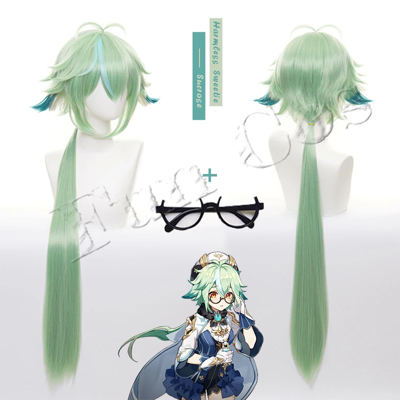 Game Genshin Impact Sucrose Cosplay Wig Short Wig Glasses Knights of Favonous Harmless Sweetie Sugar Blue Green Gradient Hair winifred sanderson costume