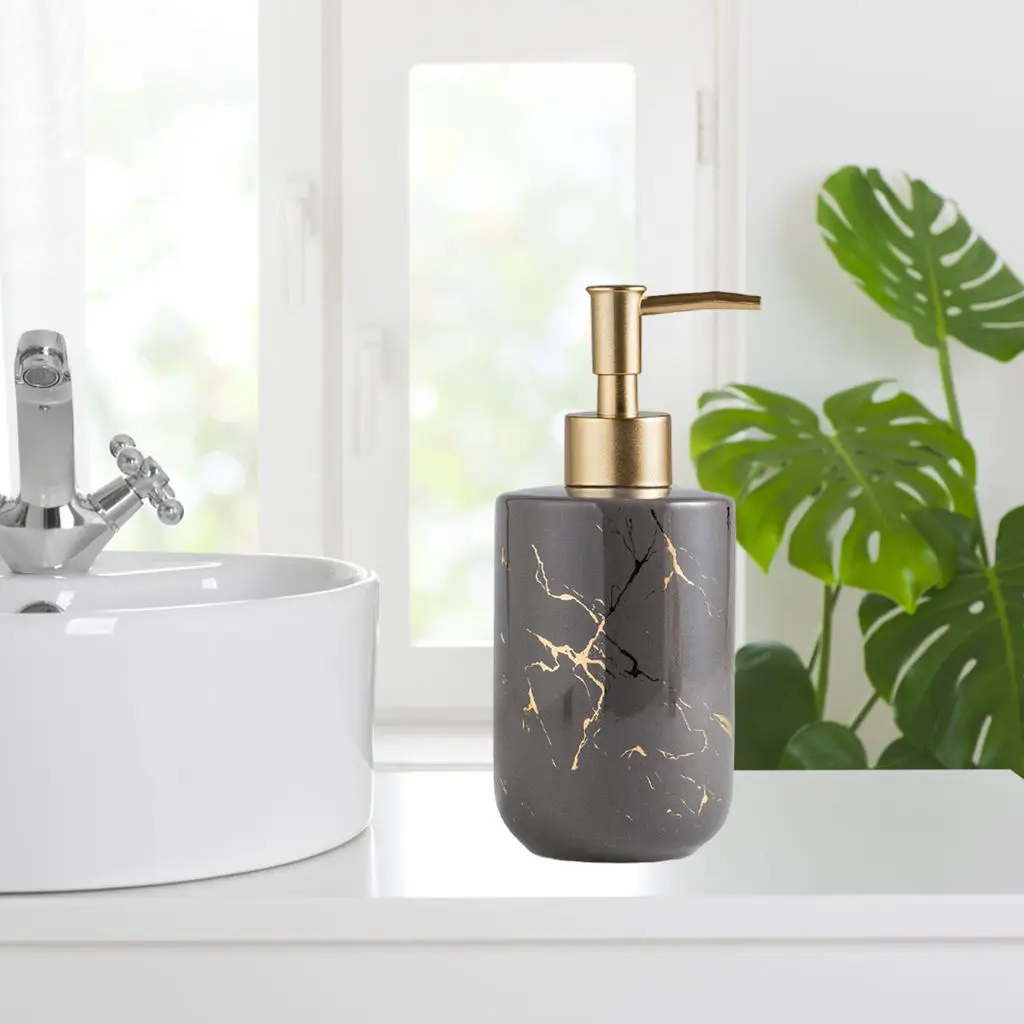 Empty Hand Ceramic Soap Dispenser Marble Texture Shampoo Container Pump Bottle Holder Countertop for Bathroom Laundry Room