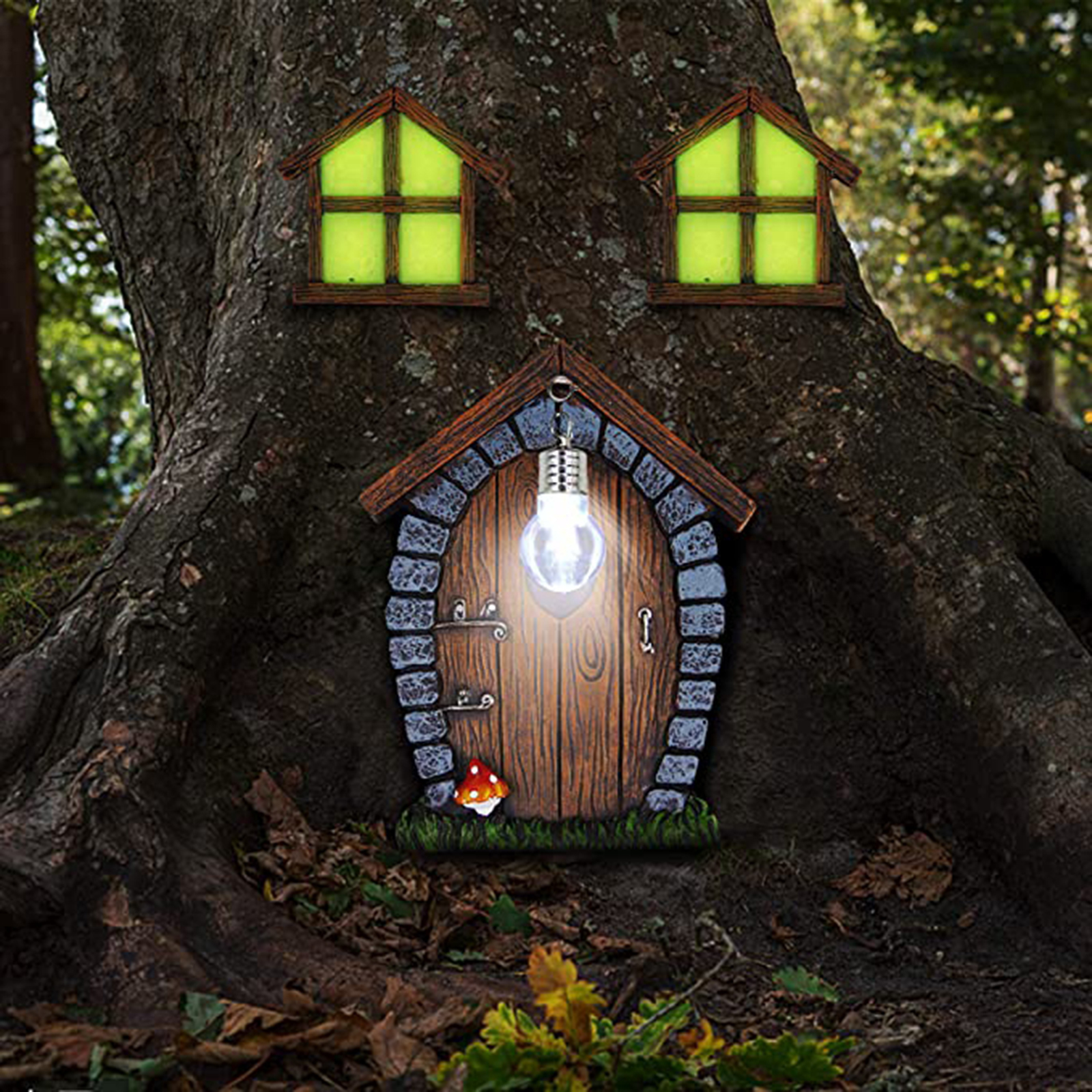 Glow in Dark Miniature Fairy Garden Gnome Door 6.7 Inches Tall and Windows with Litter Lamp Garden Tree Art Decor Ornament