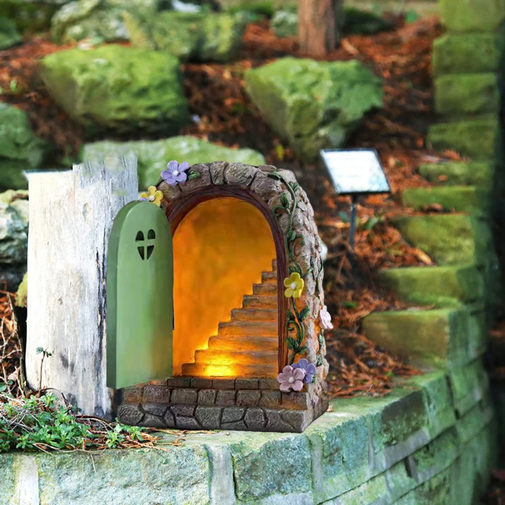 Large Fairy Door Solar Light LED Elf Steps Stone Door Secret Magical Fairy Garden Ornament Outdoor Figurine 15cm