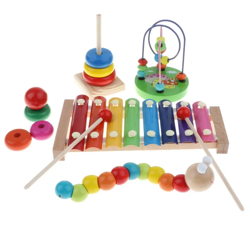4PCS Montessori Educational Wooden Toy - Music Color & Shape Puzzle Cogniton Learning Xylophone Ring Tower Set #B