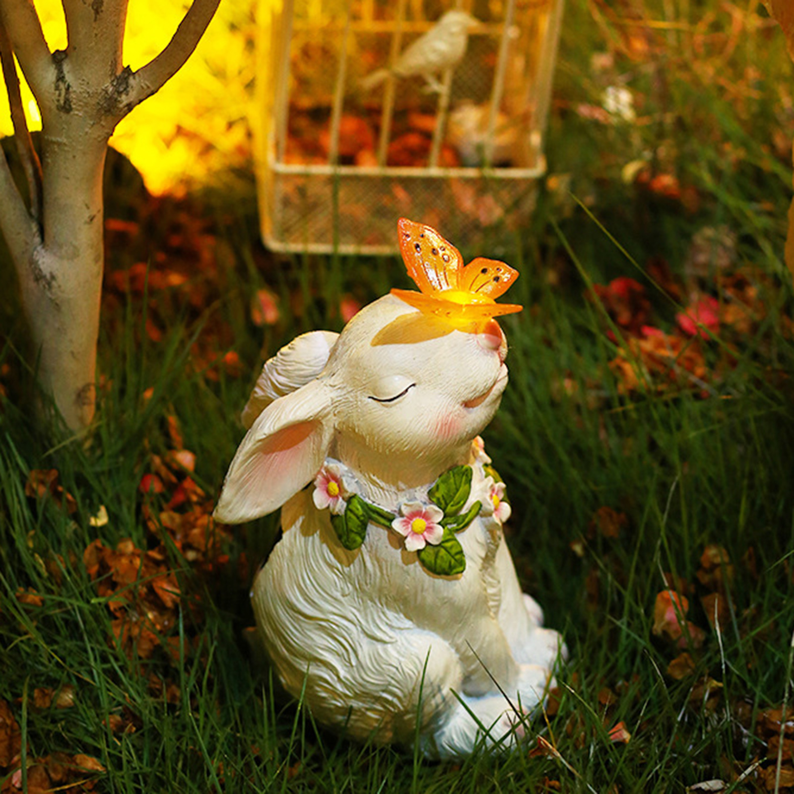 Garden Statue Solar LED Light Adorable Rabbit Figurine Sculpture Ornament for Outdoor Patio Yard Lawn