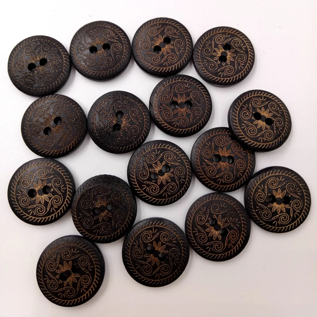 50pcs Vintage Round Flower Wooden Buttons 2 Holes Sewing Buttons for Crafts DIY