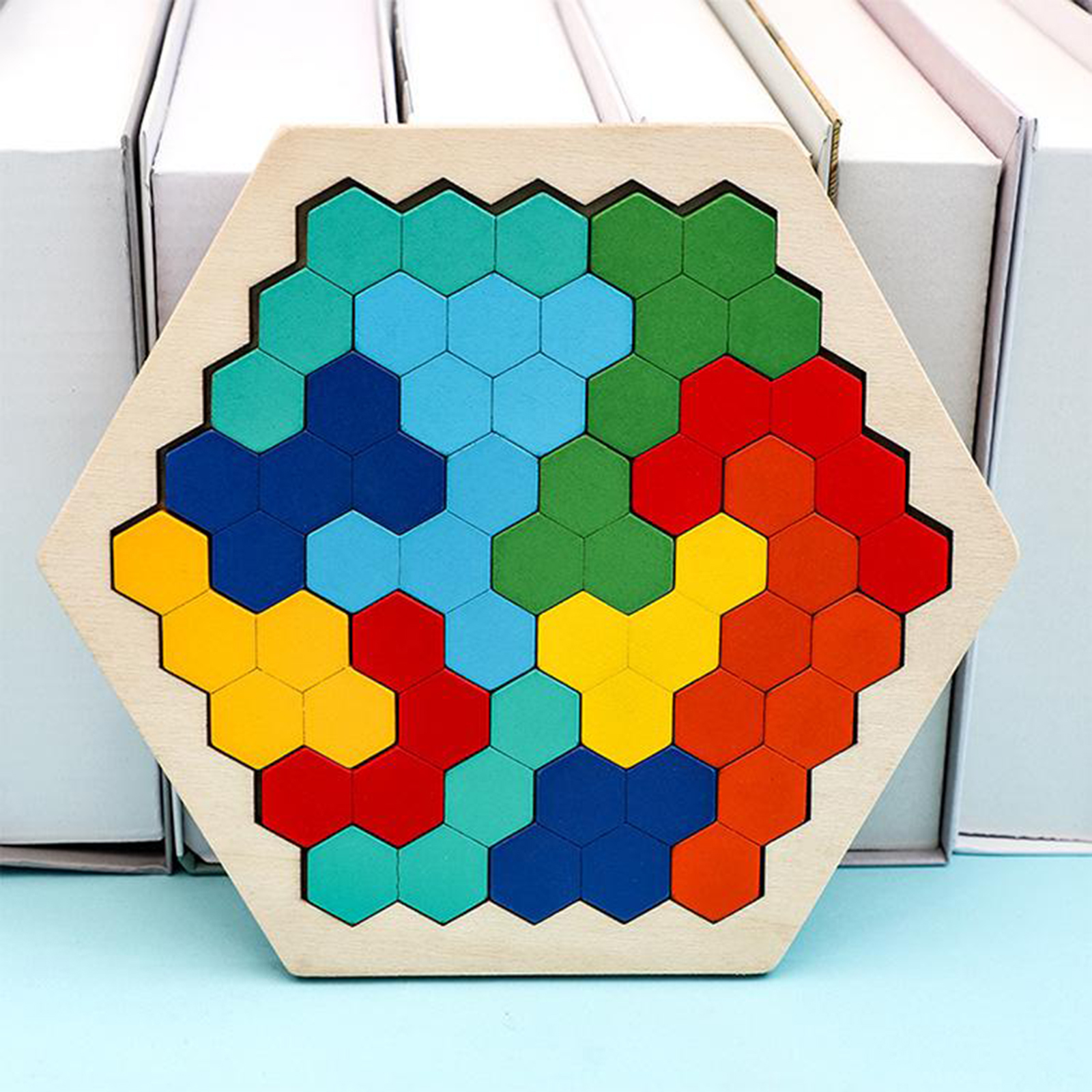 Wooden Hexagon Tangram Puzzle Chinese Classic 3D Puzzle Brain Teasers Portable Pre- Game Toys Gift