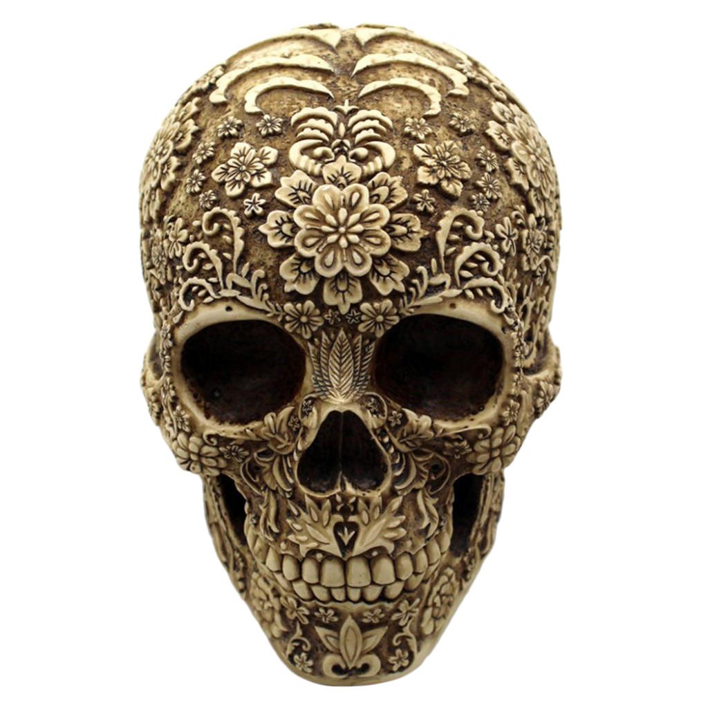 Vintage Resin Skull Statue Carved Flowers Home Decor Office Desk Ornament