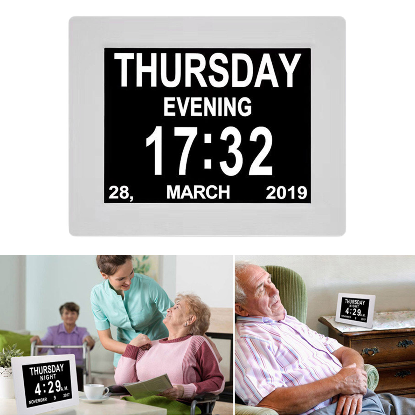 Digital Day Clock Photo Frame Custom Alarms Auto Dimmable 5 Daily Alarms Helps for Elderly Memory Loss Dementia or Kids EU
