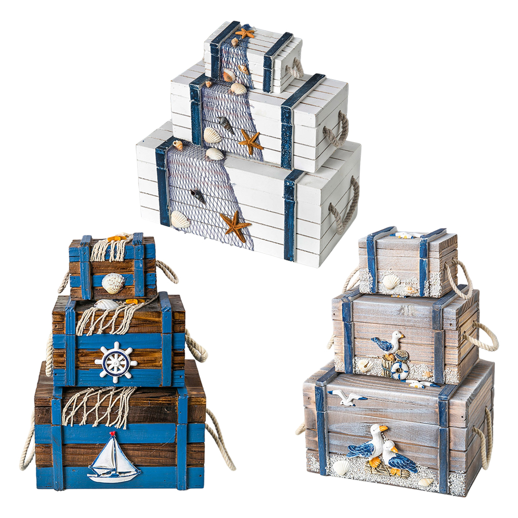3-in-1 Stackable Mediterranean Wooden Storage Box with Lid Decor Jewelry Books Fruits Craft Stationery Organizer