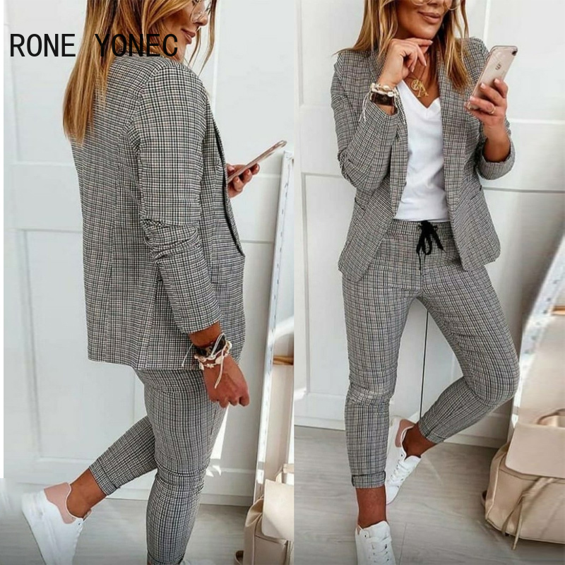 feminino elegante xadrez impressão blazer casaco calças de cordão conjunto feminino conjunto de duas peças