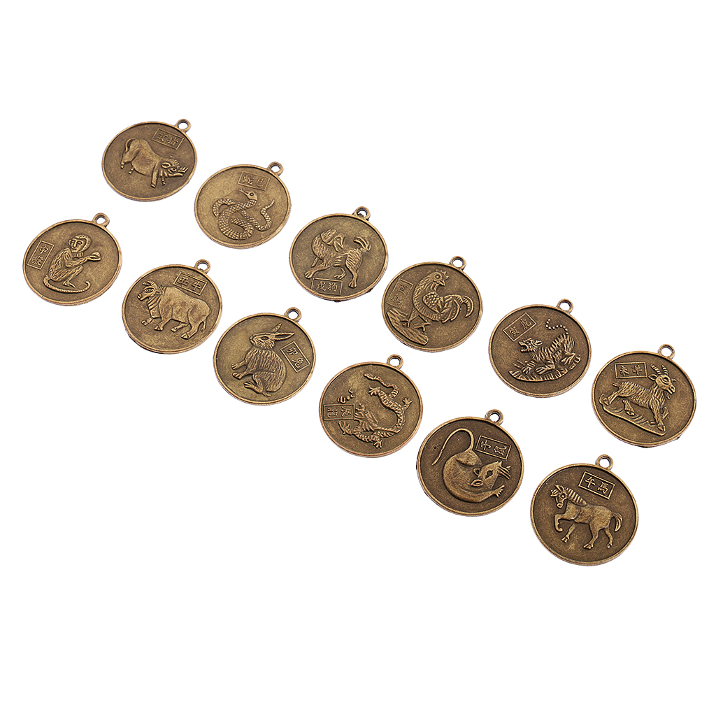 12pcs Bronze Chinese Zodiac Horoscope Animals Charms Necklace Amulet Pendant