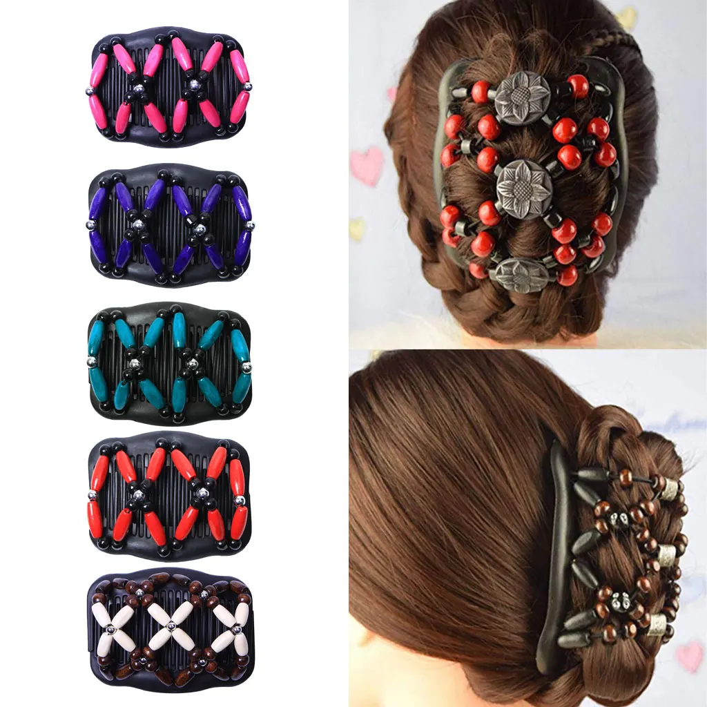 Hair Combs for Hair Bun Maker Accessories Elastic Bead Double Hair Clip Comb 