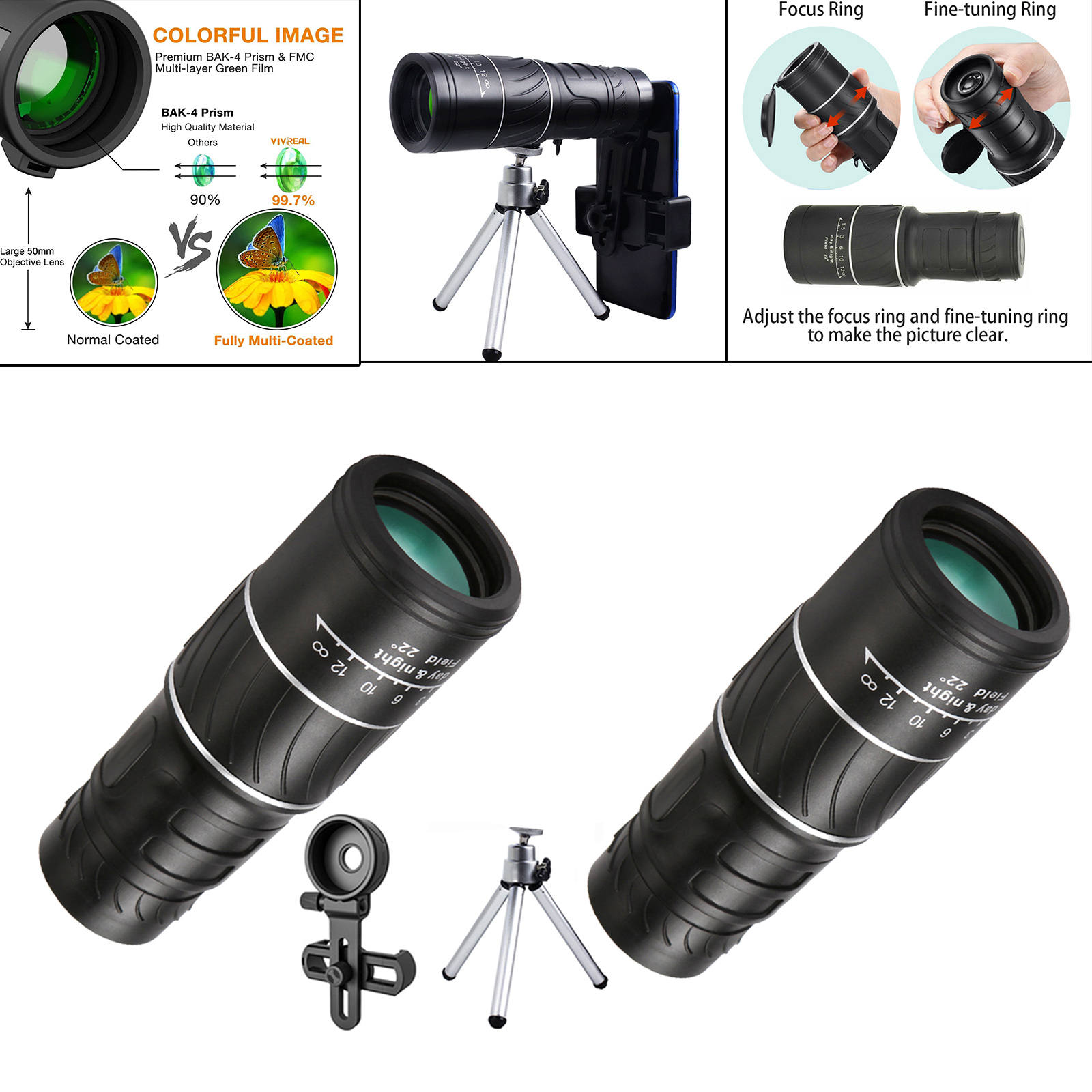 40X60 Zoom Monocular Telescopes Night Grip Scope, Easy to Use With Single Hand
