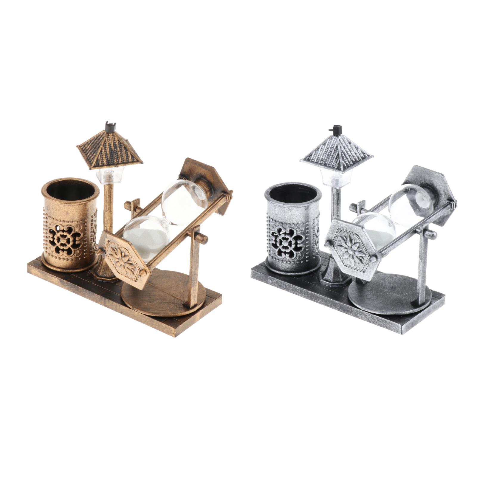 Retro Street Lamp Hourglass Crafts Sand Glass Clock Pen Holder Table Decor