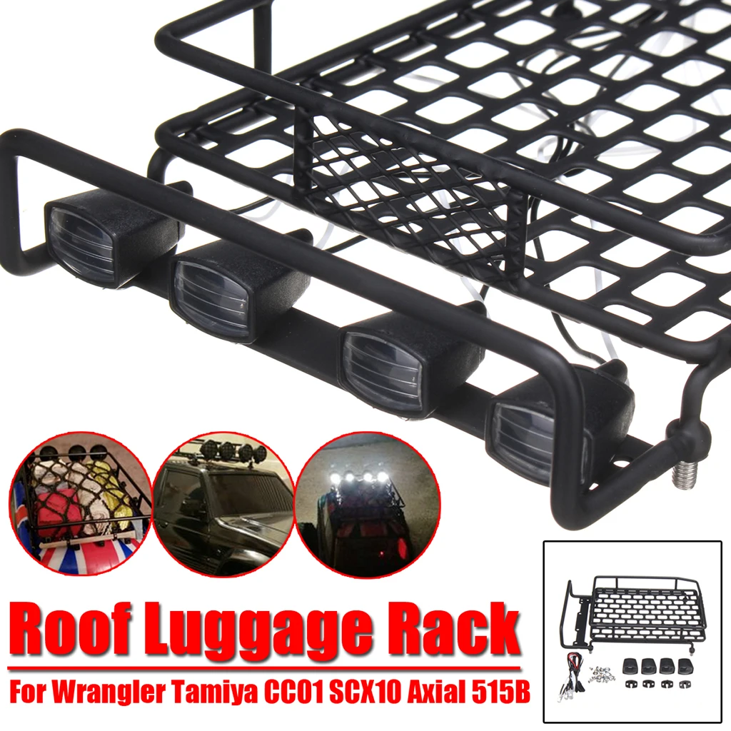 Luggage Roof Rack with 4 LED Light Bar for 1:10th RC Vehicles Rock Crawler Rally