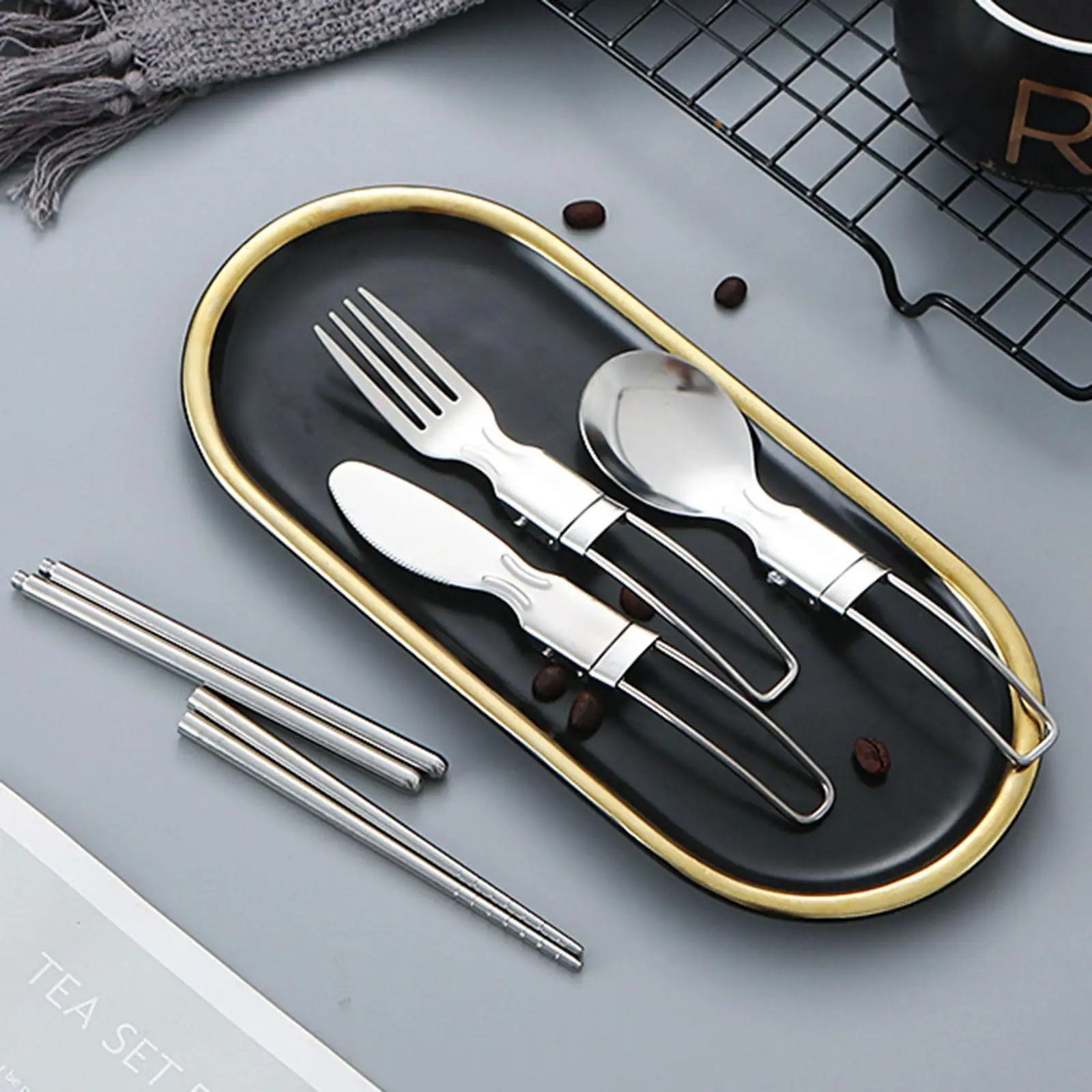 5Pcs/Set Outdoor Tablewares Kit Spork Fork Knives Chopsticks Camping Cutlery Travel Flatware for Camping BBQ Picnic