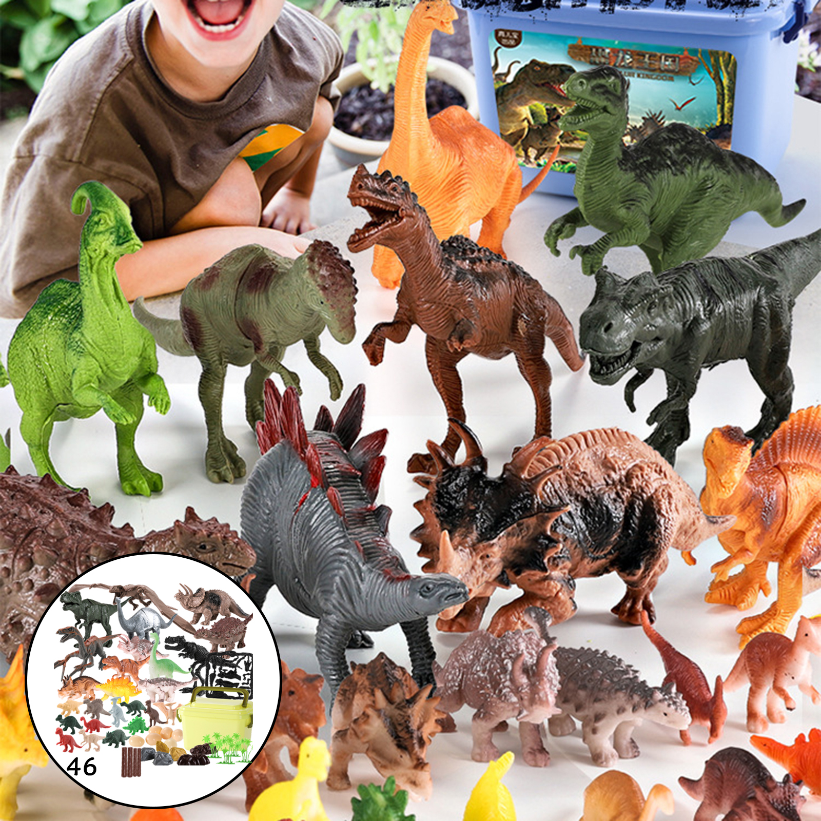 Pack of 46 Plastic Dinosaur Model Toy Set Kids Pretend Play Dinosaur Kingdom Learning Gift Set for Kids
