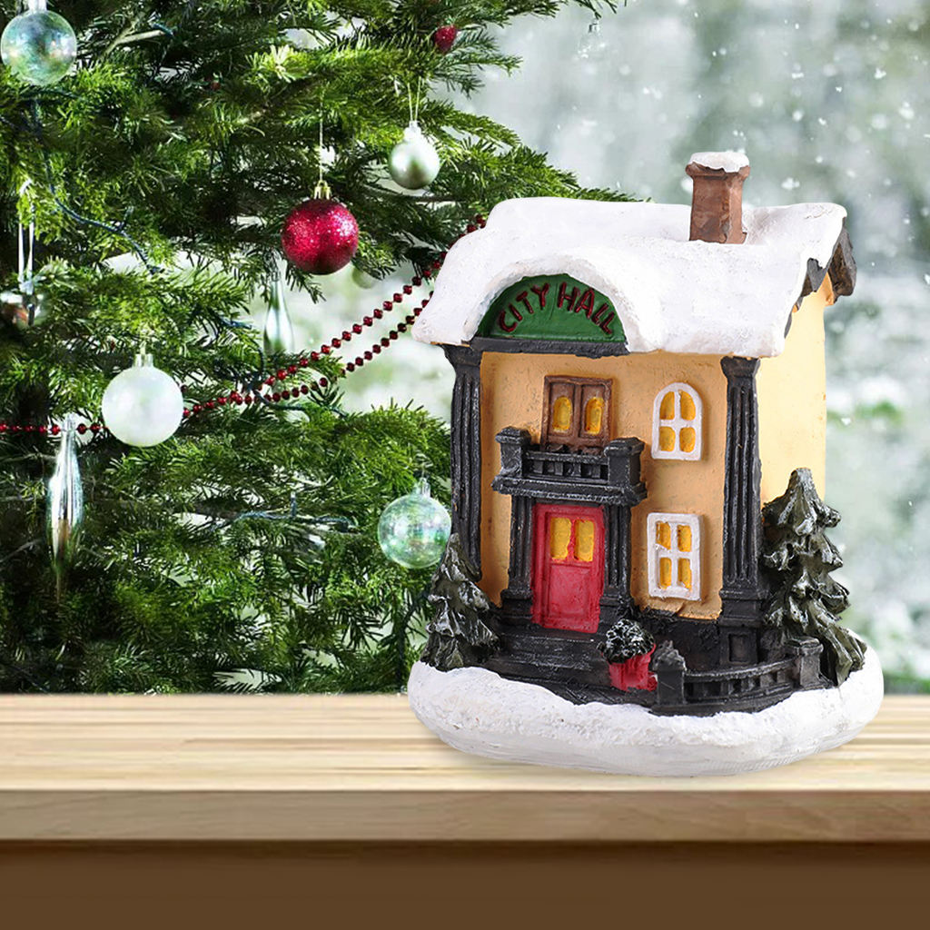 Resin Mini Christmas LED House Warm Light Miniature Village Dollhouse Farmhouse Set Xmas Desktop Garden Decoration Gift