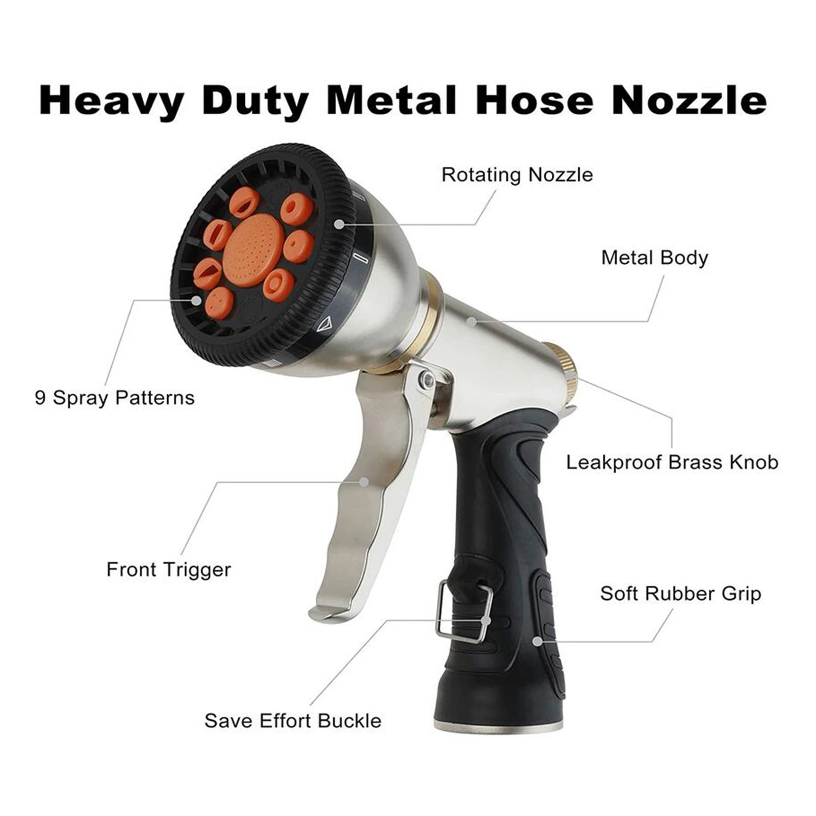 Metal High Pressure Jet Garden Water Hose Spray Nozzle 9 Adjustable Spray Modes, Durability Leak-Proof