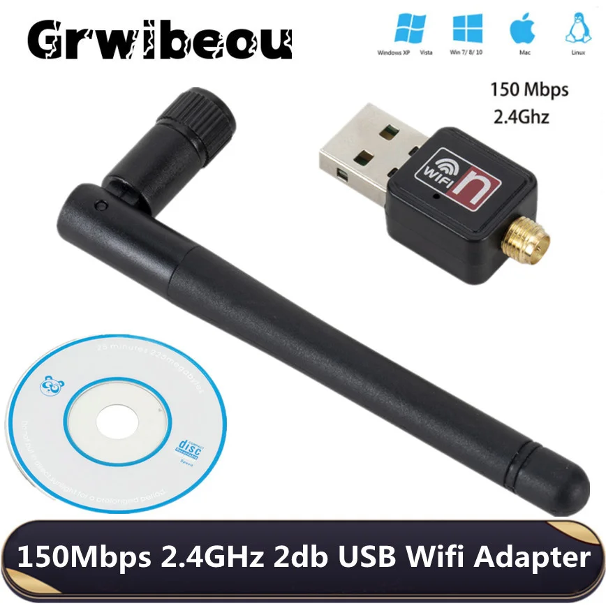 wifi card for pc Grwibeou USB 2.0 150Mbps WiFi Wireless Network Card 802.11 b/g/n LAN Adapter with 2db Antenna for Laptop PC Mini Wifi Dongl best wifi adapter for pc