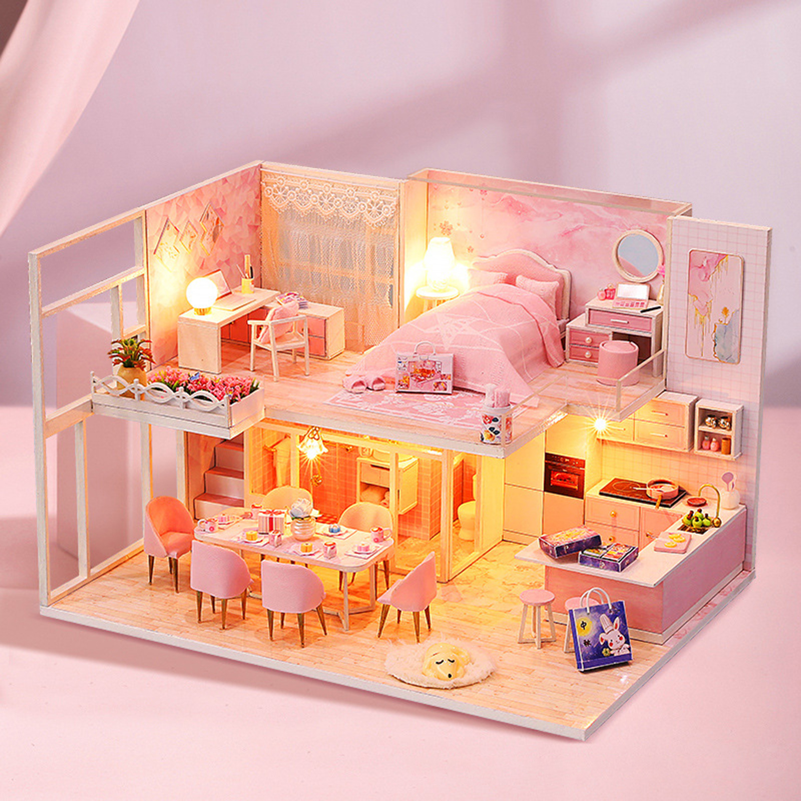 DIY Dollhouse With Furniture Mini Wooden Pink House Bedroom Dustproof Cover