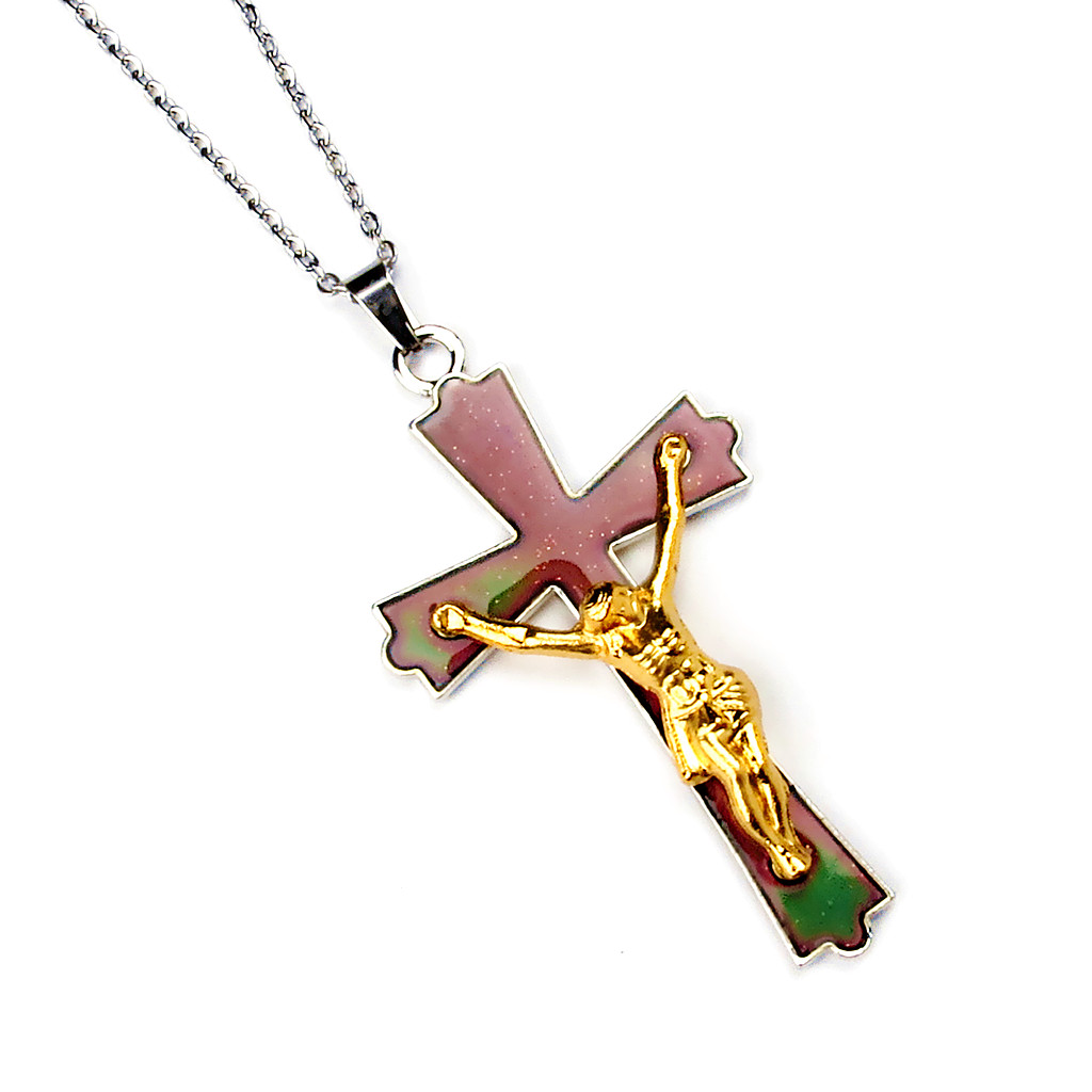 Unisex Stainless Steel Christian Jesue Cross Color Changing Stainless Steel Pendant Necklace