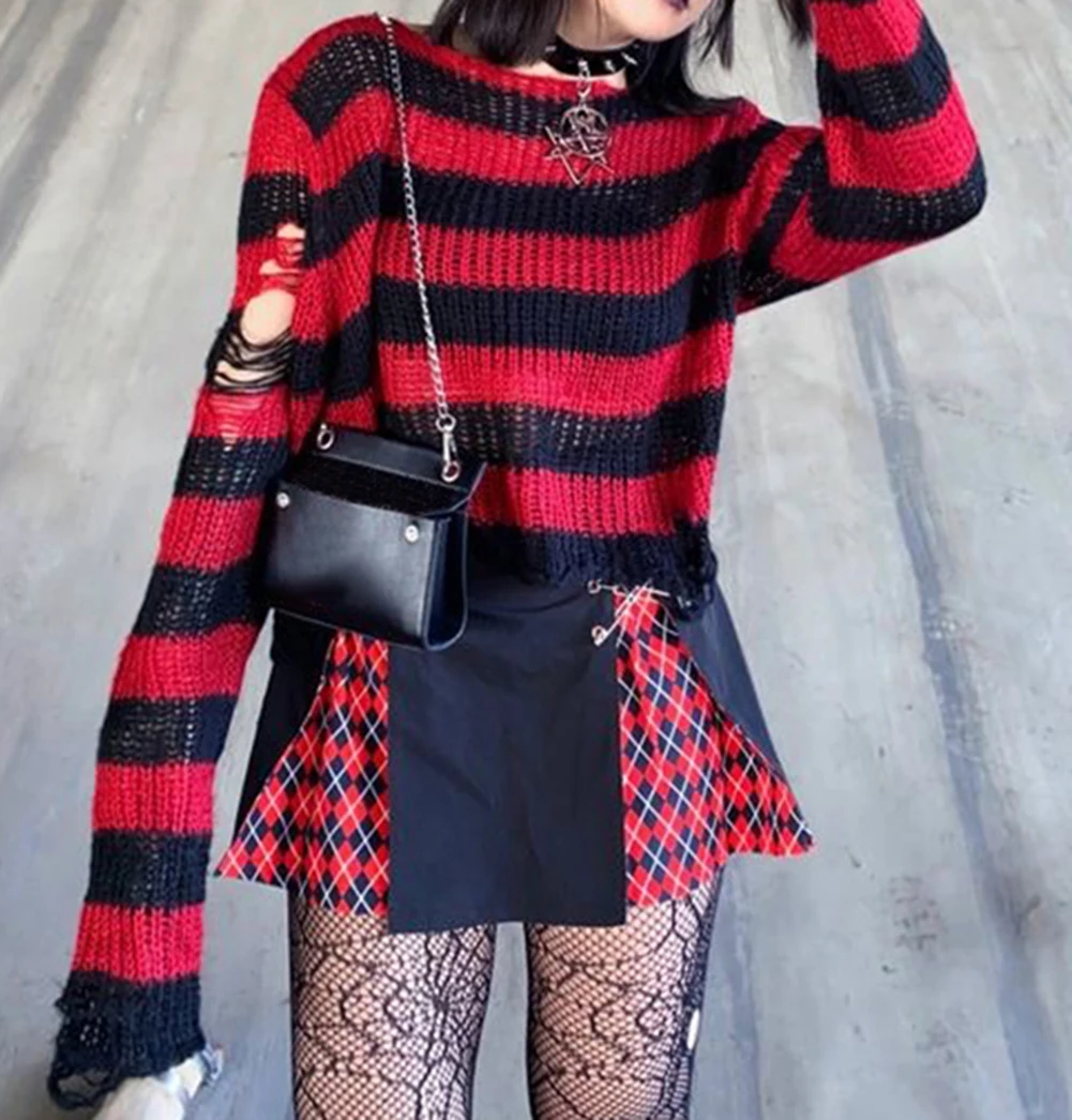 Women Punk Gothic Striped Hollow Out Sweater Color Block Long Sleeve Ripped Oversized Pullovers Retro Casual Knitted Jumpers red sweater